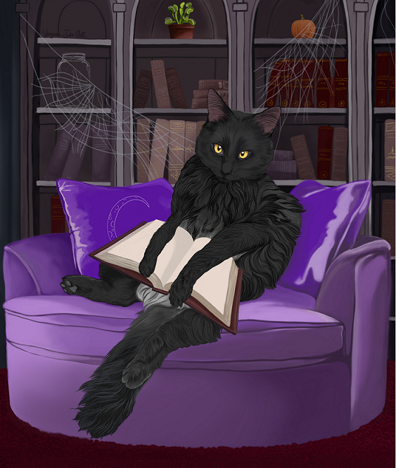 Black cat sitting on couch holding a book